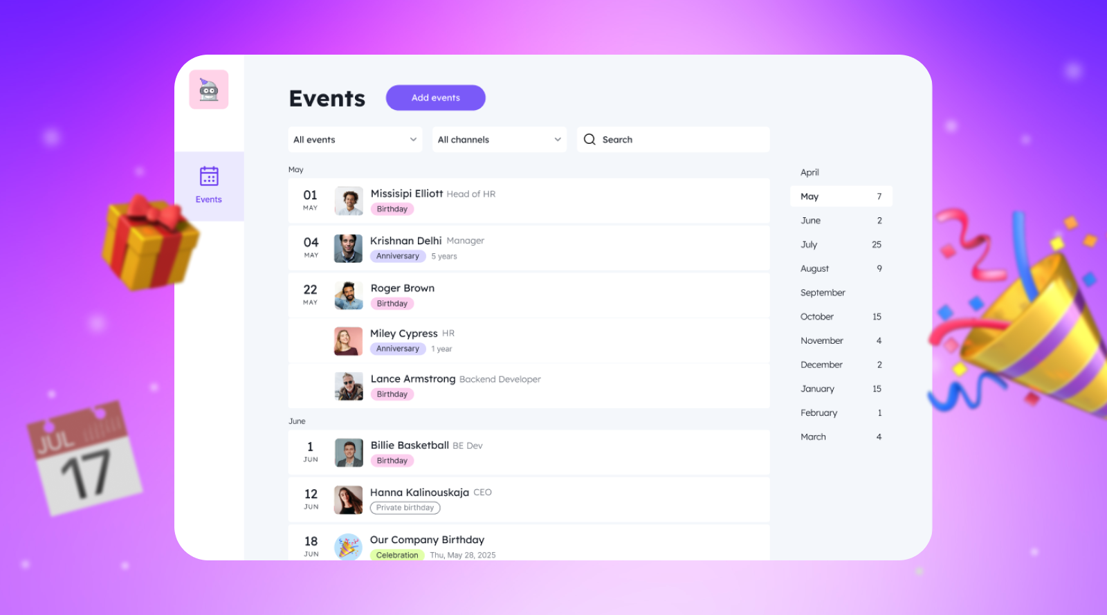 BirthdayBot Events screen showing upcoming birthdays and work anniversaries
