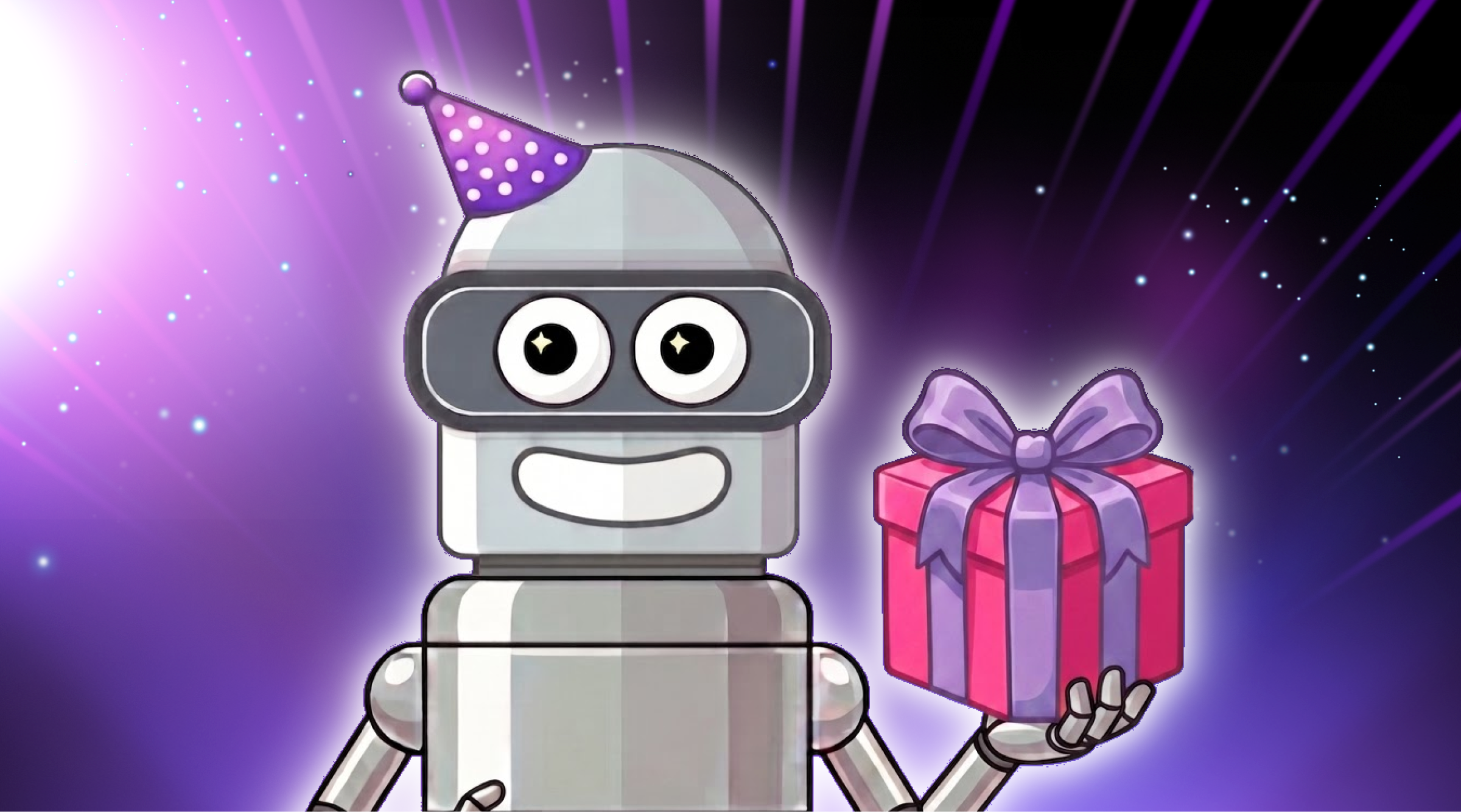 BirthdayBot wearing a tuxedo and raising a celebratory drink